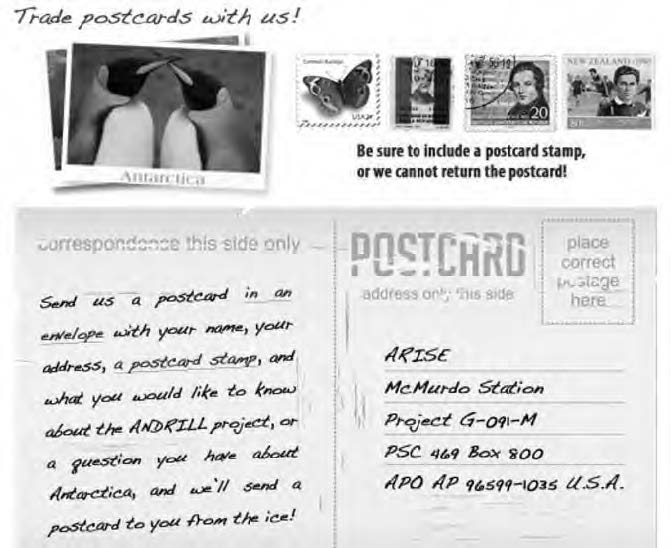 página do projeto ANDRILL em formato de cartão-postal. No alto, escrito à mão, "Trade postcards with us!", ao lado de fotos de pinguins com a legenda "Antarctica" e de vários selos postais. Junto aos selos, o aviso: "Be sure to include a postcard stamp, or we cannot return the postcard!" Abaixo, a imagem de um cartão-postal em branco. No lado da correspondência, escrito à mão: "Send us a postcard in an envelope with your name, your address, a postcard stamp, and what you would like to know about the ANDRILL project, or a question you have about Antarctica, and we'll send a postcard to you from the ice!" No lado do endereço: "ARISE / McMurdo Station / Project G-091-M / PSC 469 Box 800 / APO AP 96599-1035 U.S.A."