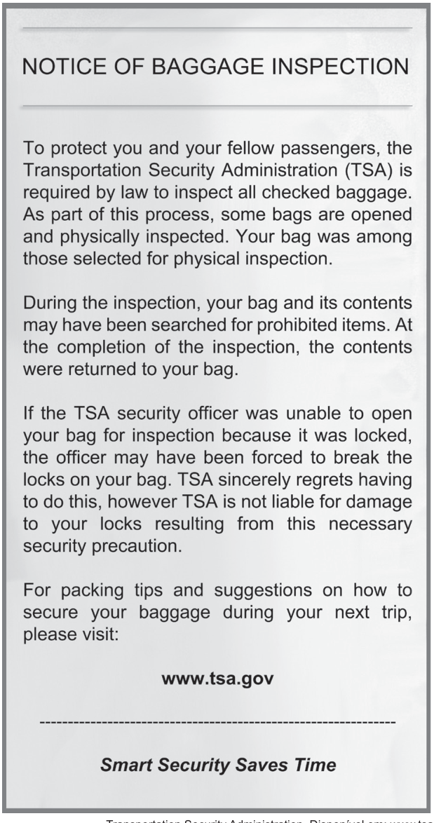 aviso impresso deixado dentro da bagagem por agentes de segurança de aeroporto, com o título em destaque: