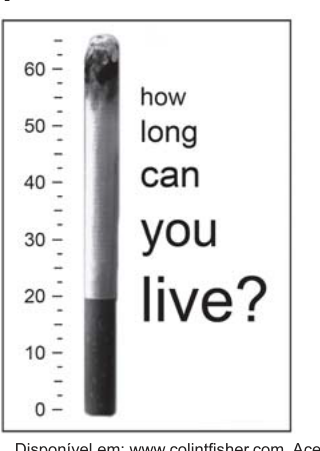 Pôster publicitário anti-tabagismo com a seguinte mensagem em inglês: vários números listados representando dados sobre o cigarro. Fonte: colintfisher.com