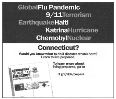cartaz oficial do estado de Connecticut. No topo, sobre fundo preto, uma lista de catástrofes: "Global Flu Pandemic", "9/11 Terrorism", "Earthquake Haiti", "Katrina Hurricane", "Chernobyl Nuclear". Logo abaixo, em letras grandes, a pergunta "Connecticut?" e o texto "Would you know what to do if disaster struck here? Learn to live prepared." Ao lado da capa da cartilha CONNECTICUT GUIDE TO EMERGENCY PREPAREDNESS, lê-se: "To learn more about living prepared, go to ct.gov/dph/prepare".
