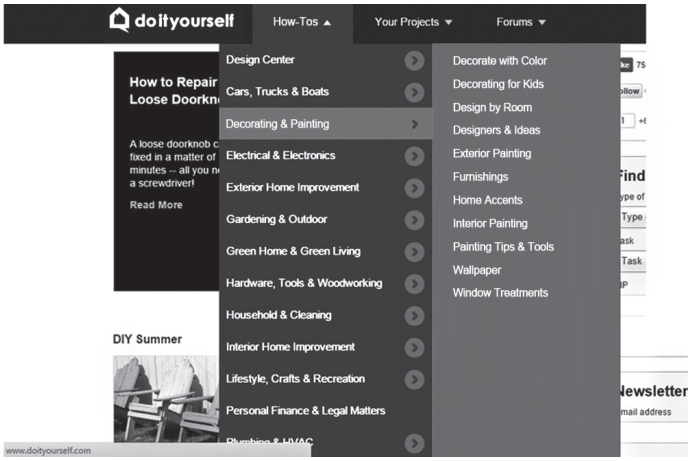 Captura de tela do site doityourself.com mostrando o menu de navegação com as seções 'do it yourself', 'How-Tos', 'Your Projects' e 'Forums', além de diversas categorias de projetos domésticos listadas.