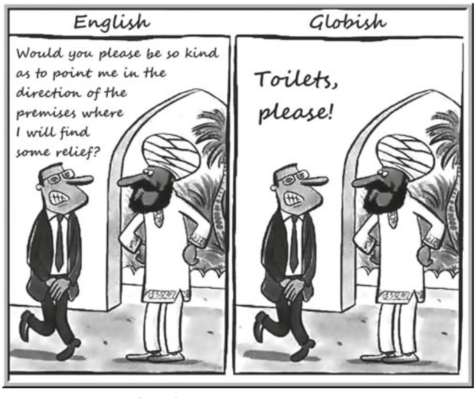 Cartum com dois painéis lado a lado. Painel esquerdo rotulado 'English': dois homens com turbantes, um perguntando ao outro de forma muito formal. Painel direito rotulado 'Globish': os mesmos dois homens, mas a pergunta é simplificada para 'Toilets, please!'