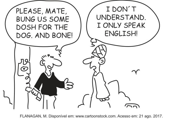Charge/cartoon com dois personagens: um homem de aparência humilde pedindo dinheiro usando gírias do cockney britânico ('bung us some dosh for the dog and bone') e outro personagem bem vestido respondendo que não entende, pois só fala inglês.