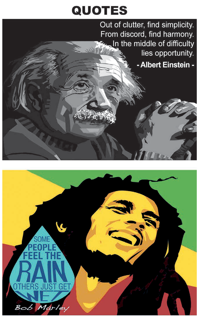 Cartaz com duas artes empilhadas. Em cima, ilustração de Albert Einstein em preto e branco; embaixo, ilustração colorida de Bob Marley sobre as cores da bandeira rastafári.